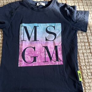 MSGM Kids Black Tee with Blue and Pink Graphic